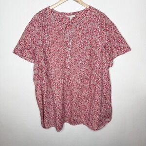 Woman Within Pink Pintuck Popover Floral Blouse Cotton V-Neck Top Women's 3X